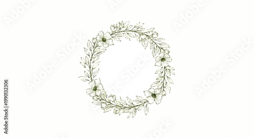 Elegant hand-drawn floral wreath vector illustration featuring delicate leaves and blossoms, ideal for wedding invitations and botanical designs