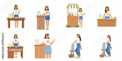 Vector illustration set of a young woman entrepreneur selling fresh lemonade and cookies at various outdoor stands during a bright summer day.