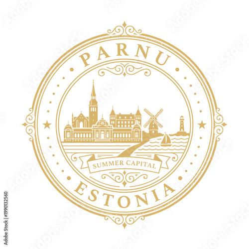 Vintage Parnu Estonia city emblem with gold skyline silhouette vector illustration