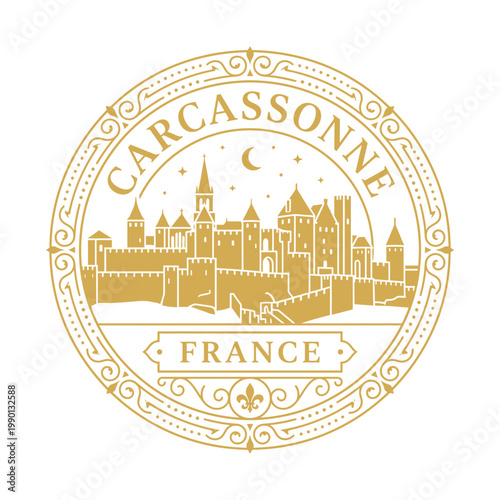 Vintage gold line art seal of Carcassonne France fortified city vector illustration