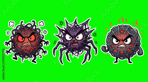 Three Angry Cartoon Viruses with Furious Expressions on Green Background.