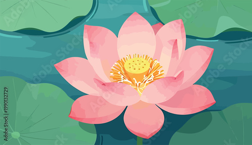 Pink lotus flower floating on water with green lily pads, beautiful blossom in a tranquil pond, natural beauty Vector Illustration.