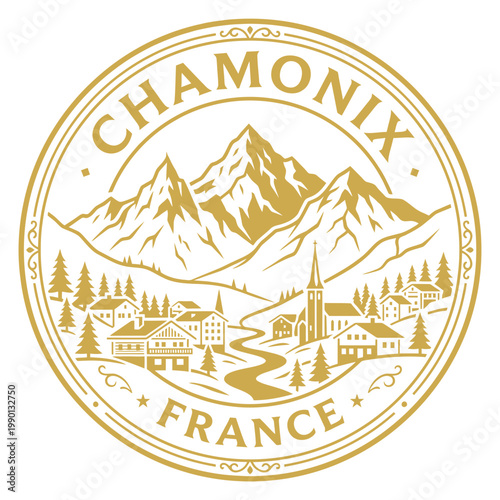 Gold Chamonix France mountain landscape emblem with village and chalets vector illustration