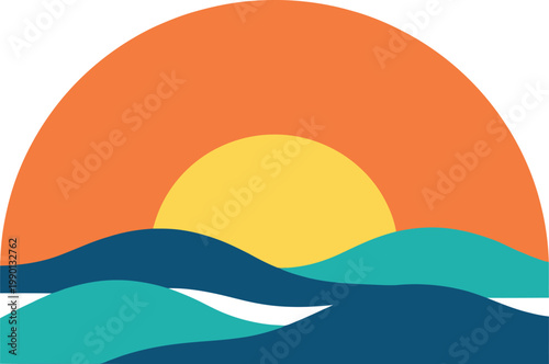 Retro sunset over ocean waves vector design colorful semi circle sun rising above sea water for beach landscape poster.