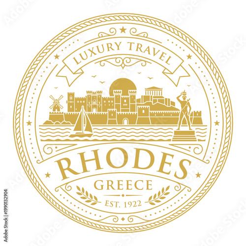 Gold Rhodes Greece luxury travel circular seal with city skyline vector illustration