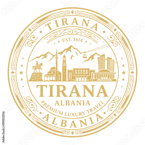 Gold Tirana Albania luxury travel emblem featuring city skyline landmarks vector illustration