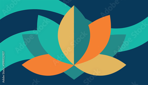 Stylized lotus flower symbol on dark blue background vector design illustration for wellness spa or meditation banner.