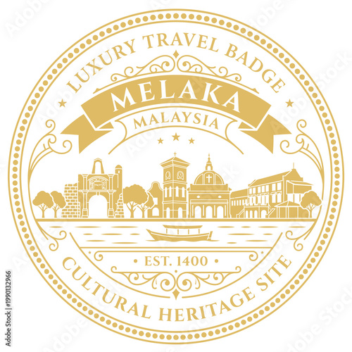 Gold vintage Melaka Malaysia travel badge featuring historical landmarks skyline vector illustration