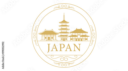 Japan travel emblem featuring pagoda and temples isolated on white background vector illustration