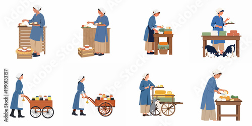 Set of flat illustrations featuring a female cheesemaker selling artisanal cheese and homemade jam at a market stall or cart.