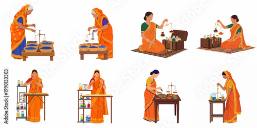 Collection of Indian women in traditional sarees weighing and sorting beads and spices with scales and jars, set against a plain white background.
