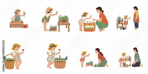 Collection of flat illustrations showing a toddler girl and her mother gardening and enjoying flowers in a minimalist style.