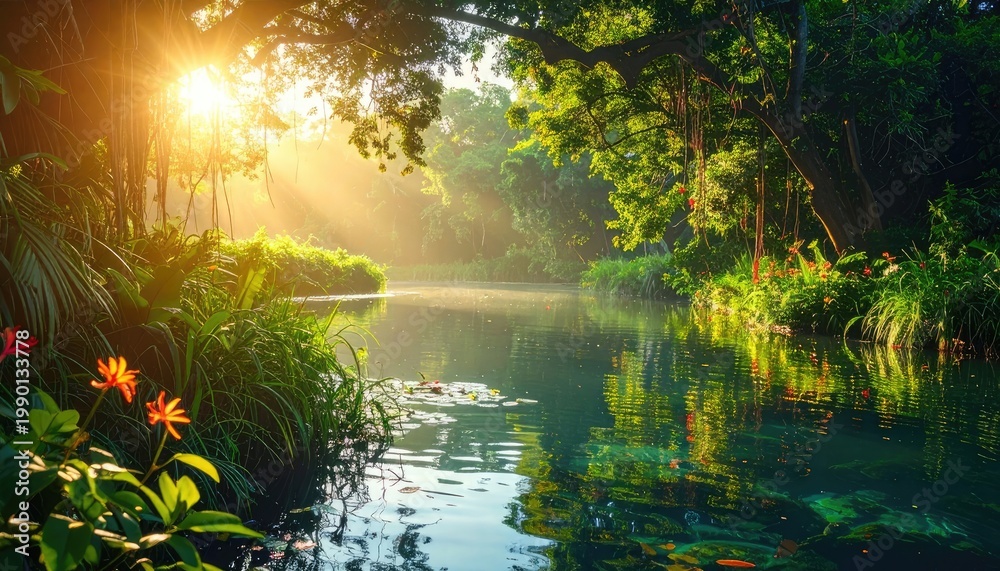 Fototapeta premium Sunlight filters through lush foliage, illuminating a tranquil river winding through a vibrant, tropical rainforest.