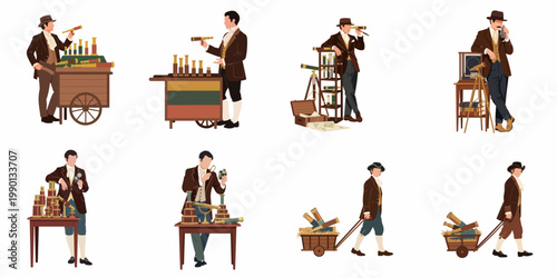 Set of vintage illustrations featuring 18th-century men selling and using telescopes, highlighting themes of exploration, science, and historical trade.