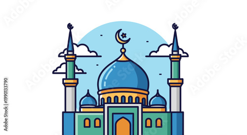 Tableau sur toile A vibrant, cartoon-style illustration of a mosque with a prominent blue dome and two tall minarets, set against a light blue sky with stylized clouds