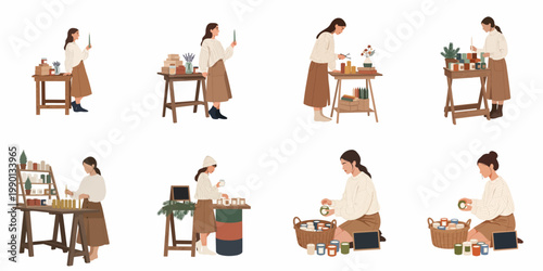 Set of flat illustrations depicting a woman artisan creating, arranging, and selling handmade candles at a craft market or home studio.