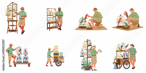 Collection of flat vector illustrations featuring an avian caretaker in safari attire tending to exotic birds in various decorative cages and settings.