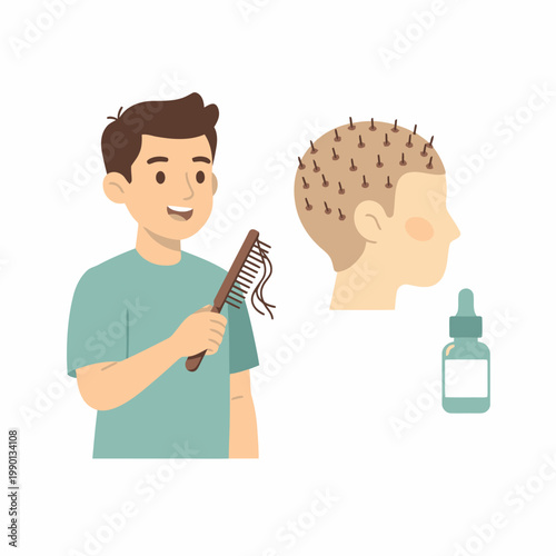 A man with hair loss and a bottle dropping hair care treatment