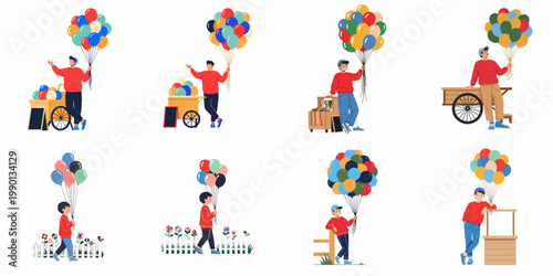 A collection of illustrations depicting a young balloon seller holding colorful bunches of balloons in various street and park settings.