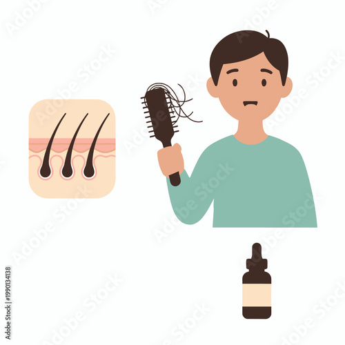 Man with concerned expression about hair loss with comb and serum