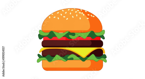 Tasty Burger Illustration with Sesame Seed Bun, Cheese, and Lettuce