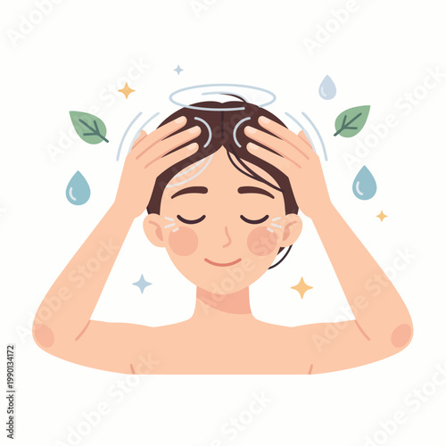 Woman washing hair with water drops, spa treatment for healthy haircare