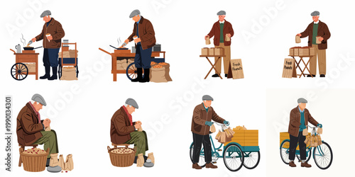 Vector illustrations of an elderly street vendor selling fresh roasted peanuts from various wooden carts, tables, and a delivery tricycle on white background.