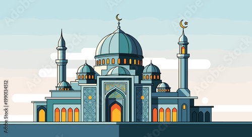 A majestic Islamic mosque with intricate architectural details and towering minarets under a serene sky.