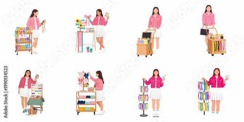 Flat vector illustrations of a young woman selling a variety of colorful hair accessories, bows, and headbands at different market stalls.