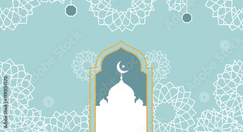Elegant Islamic archway with crescent moon and dome, set against a light blue background with intricate white geometric patterns and hanging lanterns, evoking a sense of peace and tradition.