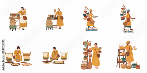 Set of flat illustrations featuring women selling handmade woven baskets, pottery, and artisanal goods in various market scenarios.