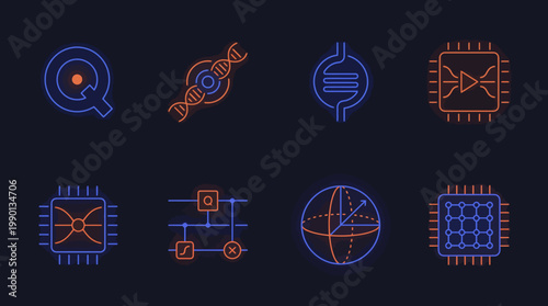Quantum Computing and Future Technology Neon Icon Set Featuring Qubit Circuit, DNA Helix, Bloch Sphere, Processor Chip, and Advanced Algorithm Symbols for Tech Innovations