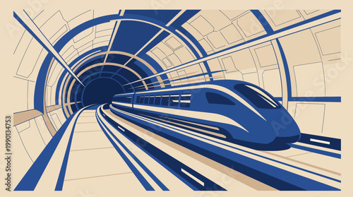 High Speed Maglev Train Traveling Through Modern Tunnel Illustration Representing Future Transportation, Rapid Transit, and Infrastructure Technology
