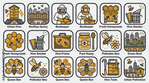 Urban Beekeeping and Honey Production Icon Set with Beekeeper, Hive Frames, Rooftop Apiary, Pure Honey Jars, and Pollinator Bee Conservation Symbols