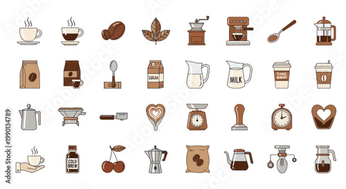 Coffee Icons Set: Espresso, Beans, Mugs, Grinder, Maker, French Press, Latte Art