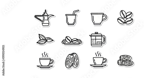 Arabic Coffee Icons: Dallah, Cups, Beans, French Press, Dates