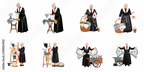Flat vector illustration set of an elderly woman in traditional attire engaged in embroidery, sewing, and selling handmade textile products.