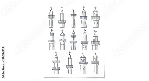 Collection of mosque minaret illustrations in minimalist line art style