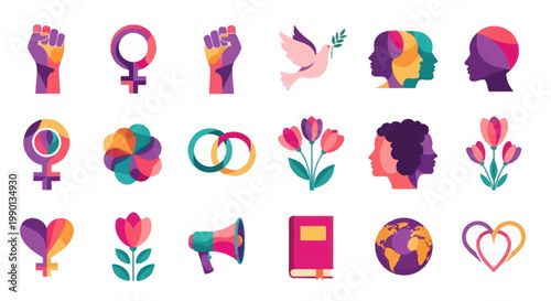 Feminism Icons Set: Empowerment, Equality, Diversity, Love, Peace, Strength, Women