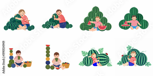 A diverse set of illustrations featuring a young boy in a striped shirt interacting with piles and slices of fresh watermelons.