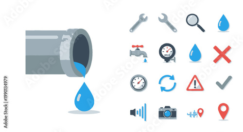Plumbing Icons and Leaking Pipe Illustration - Water, Repair, Maintenance, Technology