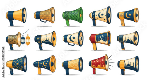 Islamic Megaphones Set: Ramadan, Eid, Celebration, Announcement Icons
