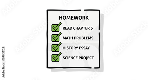 Completed Homework Checklist: Reading, Math, History, Science Tasks Marked Done