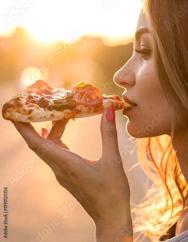 A woman eating pizza outdoors at sunset