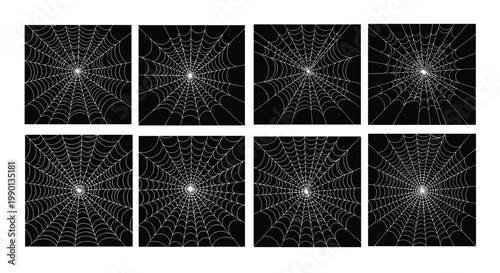 Set of realistic spider web patterns isolated on black backgrounds for spooky halloween themes and dark nature photography or digital work.