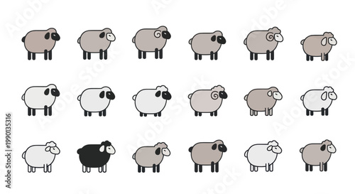 Collection of diverse cartoon sheep illustrations, including one black sheep, on white background