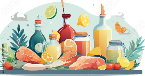 Fresh Salmon And Natural Ingredients Illustration Supporting Youth Education On Healthy Diets
