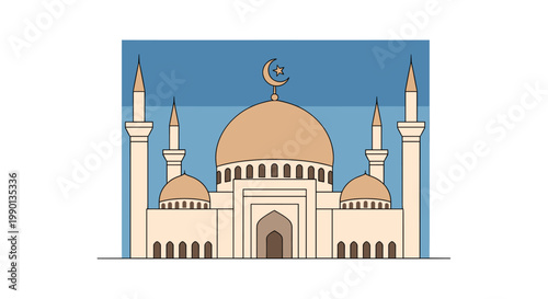 A detailed illustration of a grand mosque with a prominent dome and minarets against a blue sky.