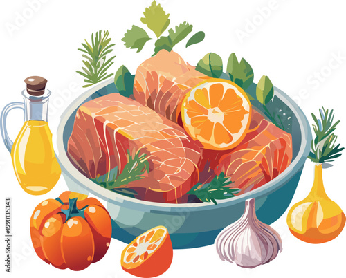 Fresh salmon cooking illustration highlighting nutritious ingredients and healthy eating habits
