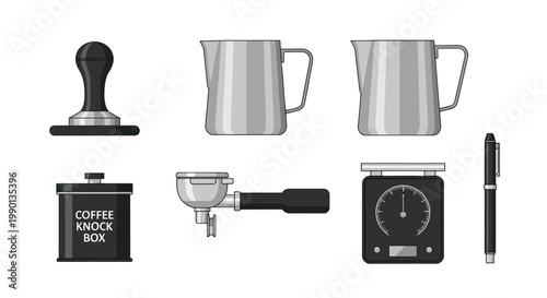Barista Tools Collection: Tamper, Milk Jugs, Portafilter, Scale, Knock Box, Pen